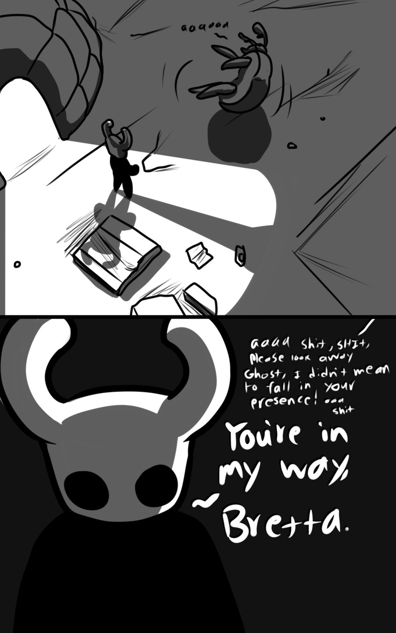 2_panel_comic ambiguous_gender antennae_(anatomy) biped black_text dialogue door duo exclamation_point looking_at_another lying motion_lines on_ground on_side outside shadow standing talking_to_another text white_text skeletorskeletonized hollow_knight team_cherry bretta_(hollow_knight) the_knight_(hollow_knight) arthropod beetle insect vessel_(species) 2020 comic digital_media_(artwork) english_text hi_res