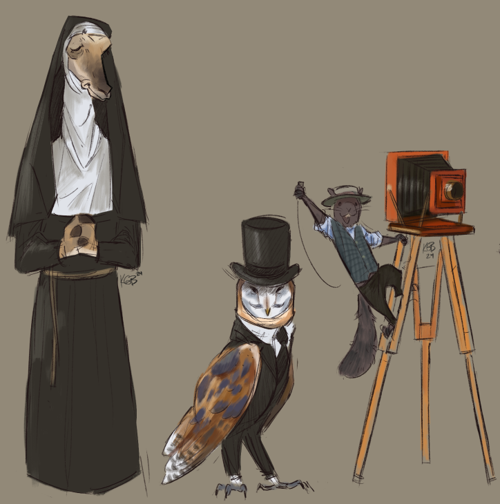 alternate_species anthro biped camera clothing feathered_wings feathers female feral furrification group hat headgear headwear male nun size_difference top_hat trio wings abovesn4kes red_dead_(series) rockstar_games albert_mason sister_calderon strange_man_(red_dead) avian barn_owl bird mammal owl pronghorn rodent sciurid tyto tytonid 2024