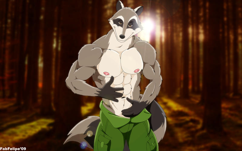 5_fingers abs anthro biceps biped black_body black_fur black_inner_ear black_nose bottomwear cheek_tuft closed_smile clothing facial_tuft fingers fluffy fluffy_tail forest forest_background fur fur_markings fur_tuft gloves_(marking) green_bottomwear green_clothing green_pants grey_body grey_fur looking_at_viewer male markings mouth_closed multicolored_body multicolored_fur muscular muscular_anthro muscular_male nature nature_background navel nipples outside pants pants_only plant pose smile snout solo standing striped_body striped_fur striped_markings striped_tail stripes tail tail_markings tree tuft white_body white_fur fabfelipe mammal procyonid raccoon 16:10 2009 digital_media_(artwork) pinup widescreen