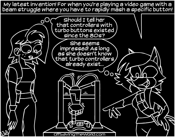 anthro border bottomwear clothing controller dialogue duo female fluffy fluffy_tail game_controller hair humor looking_at_object pants robot_hand shirt shorts simple_background smile speech_bubble tail text thought_bubble topwear white_border animatedjames macy nova_(animatedjames) canid canine fox human mammal archived_source black_and_white comic english_text monochrome