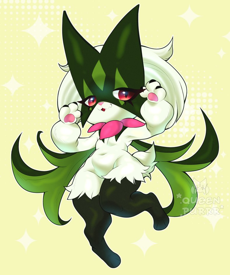 anthro chibi female green_body red_eyes solo purrynx queenpurr nintendo pokemon queen_the_meowscarada generation_9_pokemon meowscarada pokemon_(species)