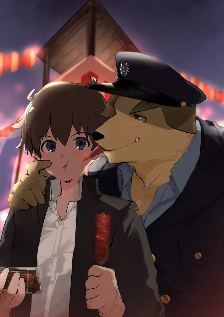 anthro blush clothing corndog duo face_lick fangs food fur holding_partner human_on_anthro interspecies ketchup larger_anthro larger_male licking male male/male muscular muscular_anthro muscular_male pinching_cheeks police police_hat police_officer police_uniform size_difference smaller_human smaller_male teeth tongue tongue_out uniform yellow_body yellow_fur youmoxto lifewonders tokyo_afterschool_summoners nobumichi_(tas) protagonist_(tas) twink_protagonist_(tas) bird_dog canid canine canis domestic_dog golden_retriever human hunting_dog mammal retriever