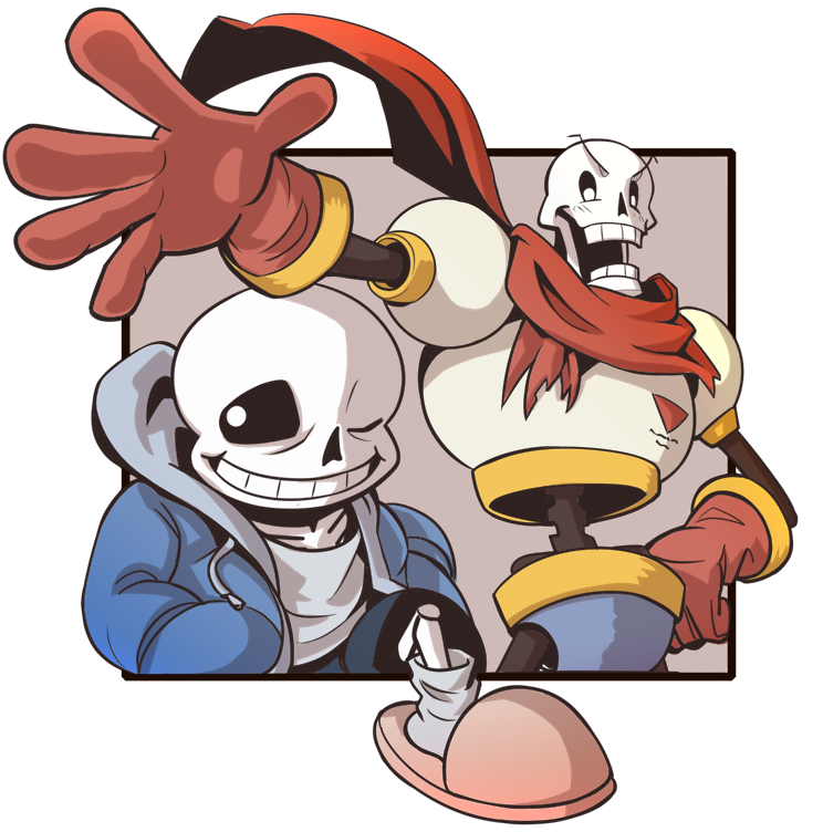 bone clothing duo footwear gloves handwear male not_furry sandals shoes skeleton smile nyusu_ut undertale undertale_(series) papyrus_(undertale) sans_(undertale) animated_skeleton undead sibling_(lore)