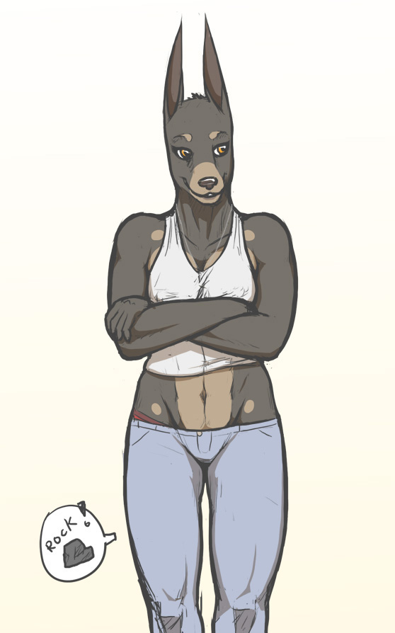 anthro bottomwear clothing crossed_arms female midriff muscular muscular_anthro muscular_female navel pants pointy_ears prick_ears shirt simple_background solo tank_top topwear ritts yvonne_(ritts) canid canine canis dobermann domestic_dog mammal pinscher