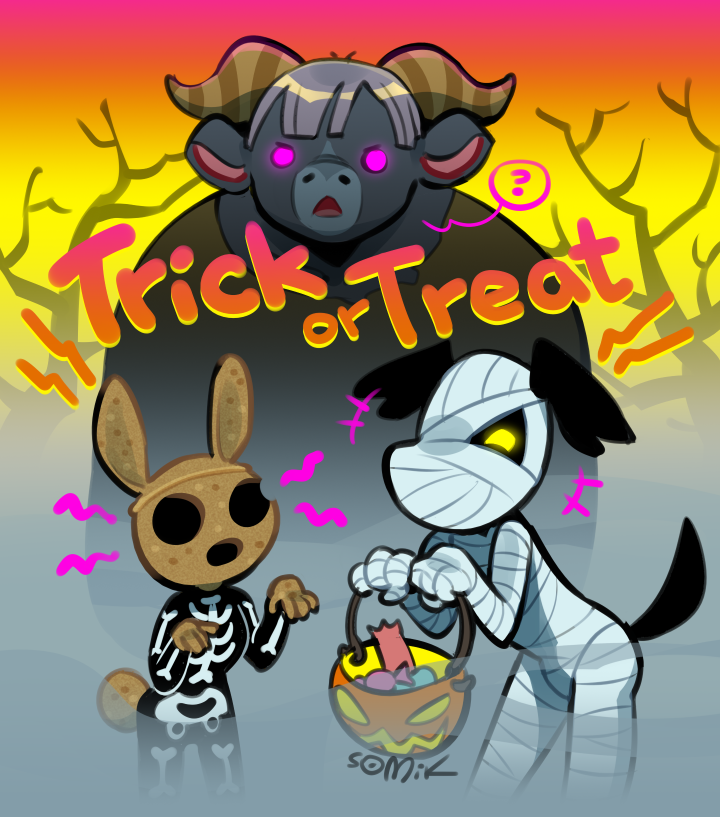 anthro basket biped black_body brown_body candy clothed clothing container costume dessert female fog food front_view glowing glowing_eyes grey_hair group hair halloween_costume holding_basket holding_container holding_object holidays jack-o'-lantern larger_male looking_at_viewer male mummy_costume mummy_wrappings open_mouth outside pink_body plant purple_eyes question_mark scut_tail short_hair short_tail size_difference skeleton_costume smaller_female smaller_male standing tail tree trick-or-treating trio yellow_eyes somik animal_crossing halloween nintendo coco_(animal_crossing) lucky_(animal_crossing) rodeo_(animal_crossing) bovid bovine canid canine canis cattle domestic_dog lagomorph leporid mammal mummy rabbit undead 2020