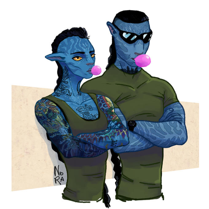 arm_tattoo blowing_bubble_gum blue_body blue_skin bubble bubble_gum candy chest_tattoo chewing_gum clock clothing dessert duo eyewear female food gum inflating male male/female military_clothing military_uniform sunglasses tattoo uniform watch yellow_eyes bluedaddysgirl james_cameron's_avatar mansk_(avatar) zdinarsk alien alien_humanoid animal_humanoid felid felid_humanoid feline feline_humanoid humanoid hybrid mammal mammal_humanoid na'vi recombinant_(avatar) 1:1