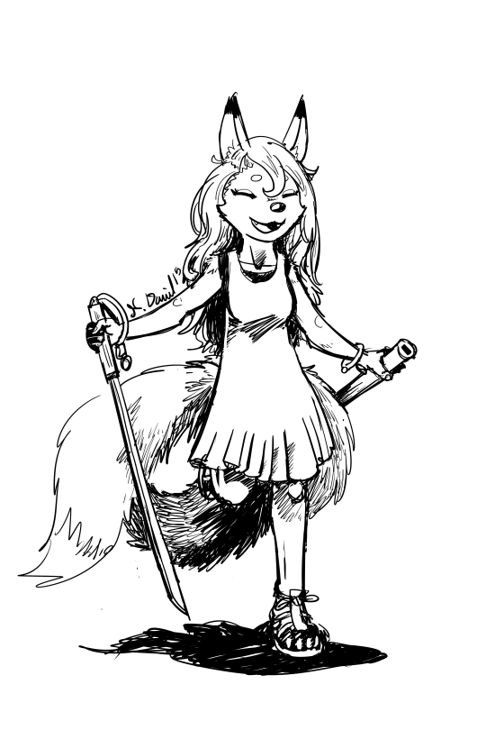 3_tails anthro blind clothing disability dress eyes_closed female hair long_hair melee_weapon multi_tail running simple_background smile solo sword tail weapon white_background p5ych latchkey_kingdom chloe_placeholder canid canine fox mammal yuman 2:3 monochrome