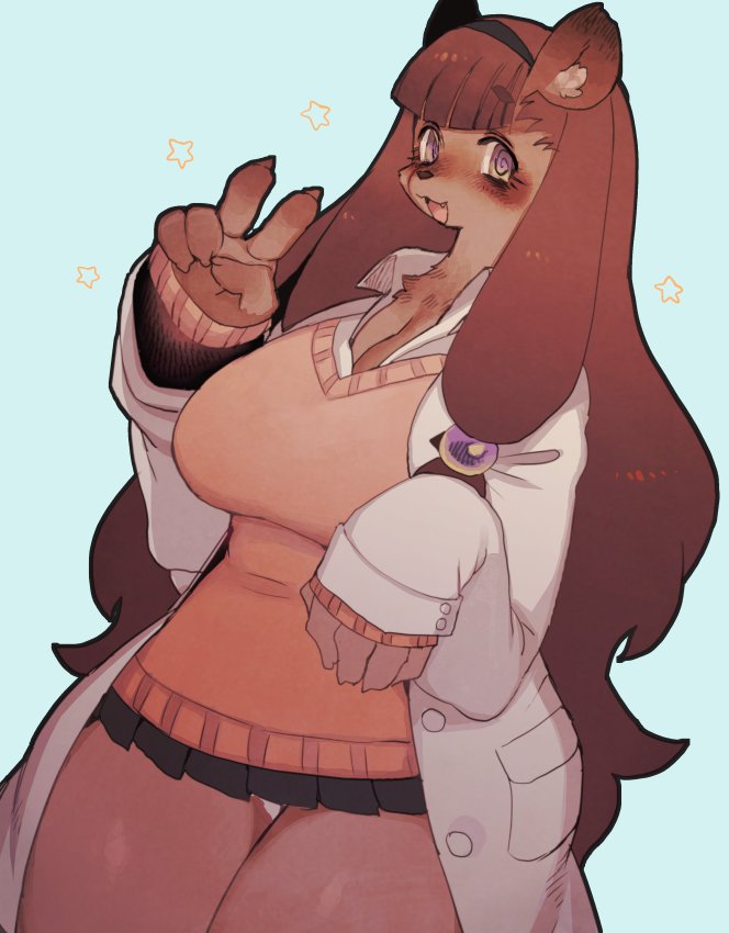 accessory anthro big_breasts bottomwear breasts brown_body brown_fur brown_hair clothed clothing coat female fully_clothed fur gesture hair hand_gesture headband kemono lab_coat long_hair looking_at_viewer miniskirt open_mouth pupils purple_eyes simple_background skirt smile solo spiral_pupils standing sweater symbol-shaped_pupils thick_thighs topwear unusual_pupils v_sign rikose canid canine mammal raccoon_dog tanuki 2017