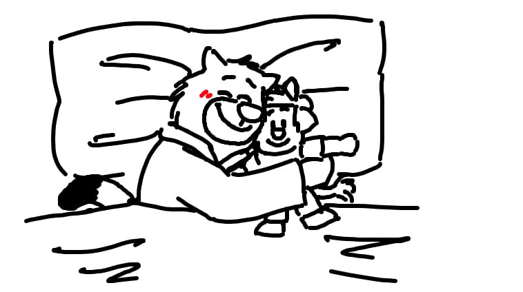 anthro bedding biped blanket blush eyes_closed hug lying male pillow plushie sleeping smile solo adriano_berjillos brok_the_investigator cowcat_games graff_filsh ott_(brok_the_investigator) domestic_cat felid feline felis mammal 2024