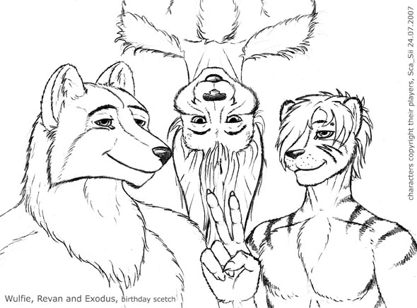 anthro gesture group hand_gesture male simple_background v_sign sca_sii revankitty exodus revan wulfie wulfiewolf bat canid canine canis felid mammal pantherine tiger wolf 2007 monochrome