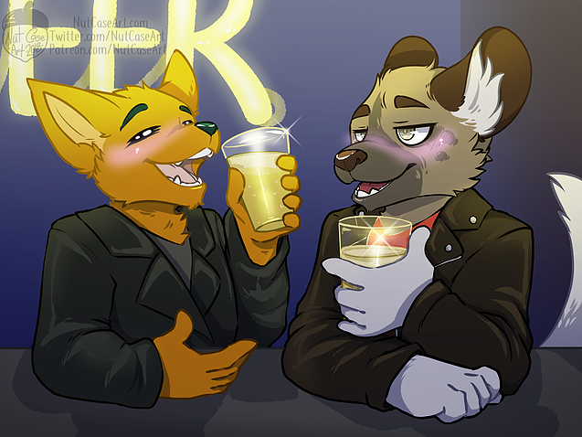 alcohol bar beer beverage blush clothing drunk duo glass jacket leather leather_clothing leather_jacket leather_topwear male substance_intoxication topwear nut-case aggretsuko night_in_the_woods sanrio gregg_lee haida_(aggretsuko) canid canine fox hyena mammal spotted_hyena