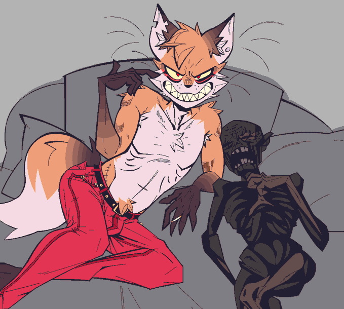 anthro bed belt biped bottomwear cigarette clothing corpse duo ear_piercing furniture gesture hand_gesture male pants piercing pillow pointing pointing_at_self pupils red_bottomwear red_clothing red_pants red_pupils scar sharp_teeth shirtless shirtless_male smile teeth xexeezy randy_(xexeezy) canid canine fox mammal digital_drawing_(artwork) digital_media_(artwork) shaded simple_shading