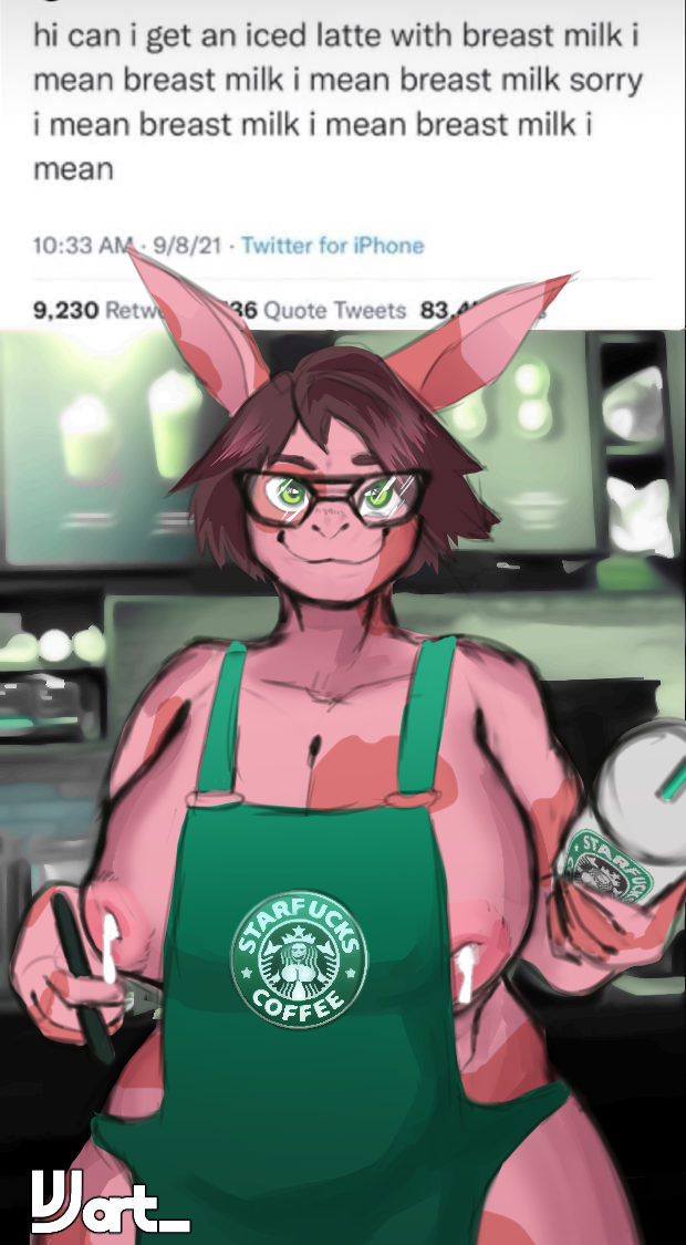 anthro apron apron_only areola big_areola big_breasts big_butt bodily_fluids breasts butt clothing container count cup dialogue_box eyewear female glasses green_apron green_clothing holding_container holding_cup holding_object holding_pen inverted_nipples lactating milk mostly_nude nipple_slip nipples number pen repeated_text side_boob solo text text_on_apron text_on_clothing thick_thighs time timestamp wide_hips vjsins i_mean_breast_milk starbucks vee_jay_(vjsins) lagomorph leporid mammal rabbit digital_media_(artwork) english_text meme shaded female_(lore) trans_(lore) trans_woman_(lore)