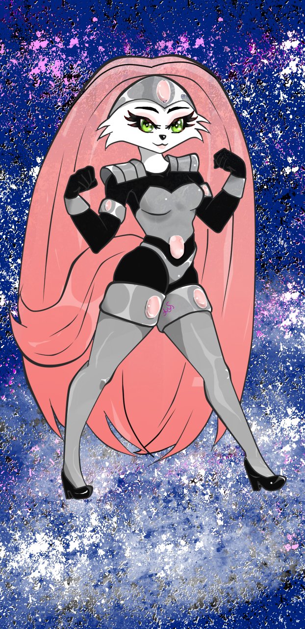 anthro blue_background boots button_nose clothing female fist flexing footwear fur gem green_hair hair headgear high_boots high_heeled_boots high_heels legwear long_hair looking_at_viewer pink_hair shoes simple_background smile solo tail thigh_boots thigh_highs uniform white_body white_fur renv bucky_o'hare_(series) jenny_(bucky_o'hare) lagomorph leporid mammal rabbit hi_res signature