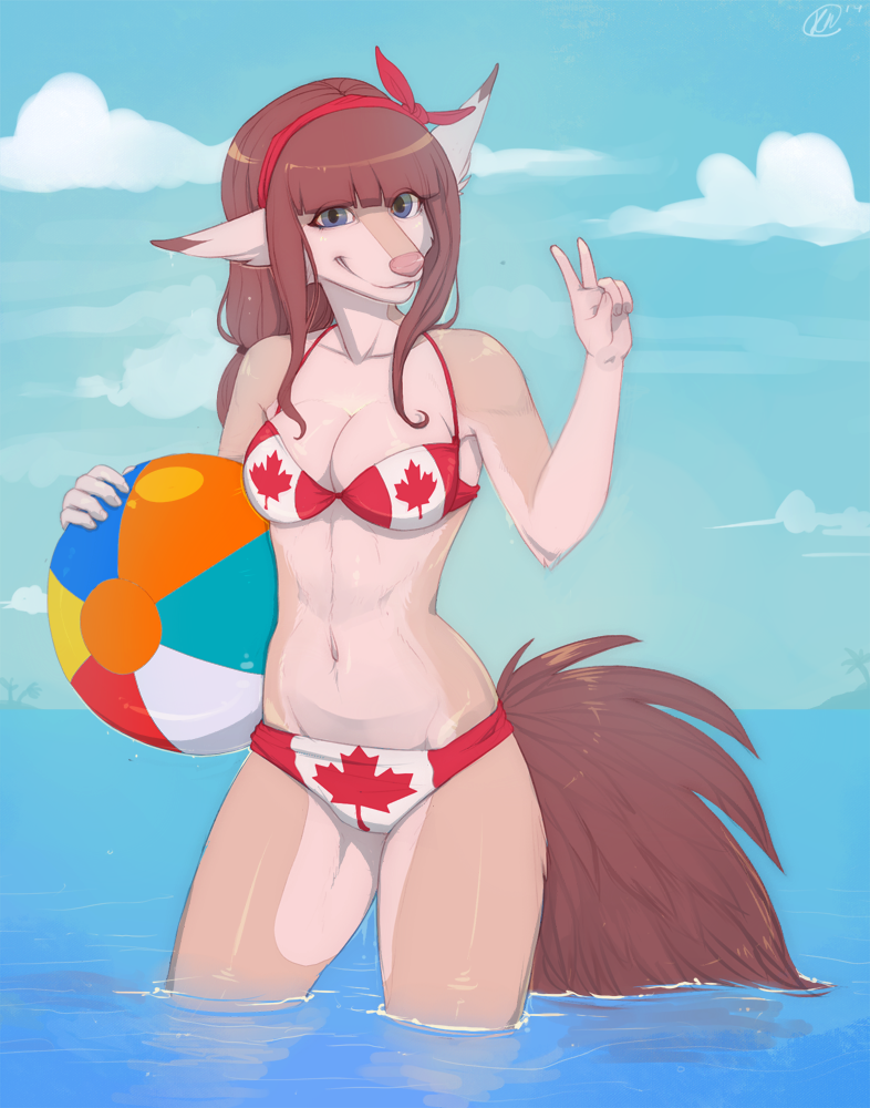 accessory anthro arms_bent ball beach_ball bikini blue_eyes breasts brown_hair brown_tail canada canadian_flag canadian_flag_bikini cleavage clothed clothing cloud detailed_background female flag flag_bikini flag_clothing flag_print flag_swimwear fluffy fluffy_tail fully_clothed gesture hair hair_accessory hair_ribbon hand_gesture holding_ball holding_beach_ball holding_object inflatable leaf_print legs_in_water looking_at_viewer maple_leaf navel outside palm_tree partially_submerged plant pool_toy print_bikini print_clothing print_swimwear reflection ribbons sea seascape simple_background sky smile solo submerged_legs swimwear tail tree two-piece_swimsuit v_sign water kaitycuddle kaity_(kaitycuddle) canid canine canis mammal wolf digital_media_(artwork)