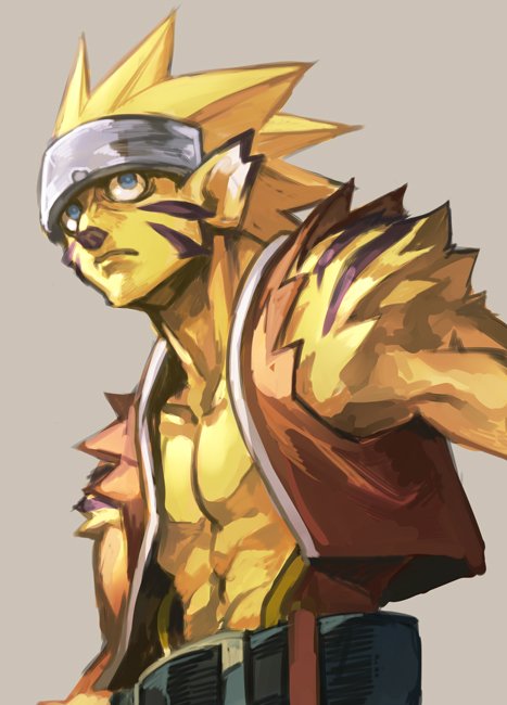 accessory animal_ears animal_nose anthro belt blonde_hair blue_eyes clothed clothing fur hair headband long_hair male markings open_clothing open_shirt open_topwear shirt sleveless_shirt solo striped_markings stripes topwear yellow_body yellow_fur hungry_clicker breath_of_fire capcom rei_(breath_of_fire) animal_humanoid felid felid_humanoid feline feline_humanoid humanoid mammal mammal_humanoid