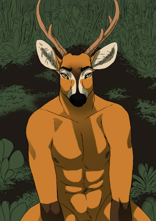 abs amber_eyes anthro antlers biped black_body brown_body brown_horn brown_nipples collarbone eye_markings eyebrows facial_markings forest front_view gloves_(marking) head_markings horn light looking_at_viewer male markings multicolored_body muscular muscular_anthro muscular_male nipples nude orange_body outside pecs plant pubes shadow sitting solo tree white_body white_markings noet deer mammal marsh_deer new_world_deer 2012 digital_drawing_(artwork) digital_media_(artwork) lighting