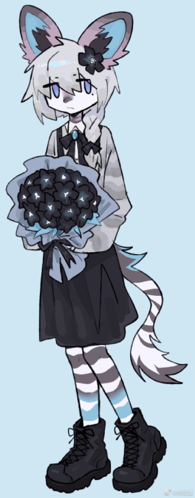 anthro black_flower blue_background female flower grey_hair hair plant simple_background solo zhang_gun ambiguous_species mammal 2023 digital_media_(artwork) full-length_portrait hi_res portrait