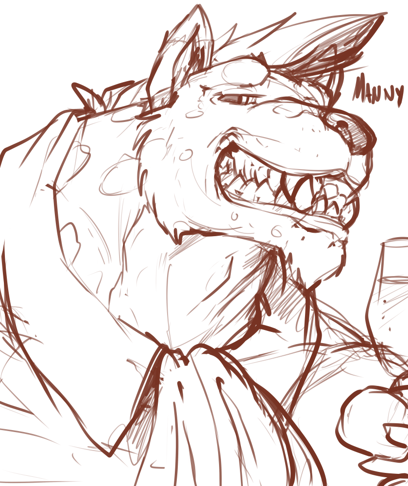 alcohol anthro beverage champagne champagne_glass collared_shirt container cup drinking_glass glass glass_container glass_cup hair looking_at_viewer male sharp_teeth smile smiling_at_viewer solo spots teeth text toothy_grin pandottermon gnoll hyena mammal guide_lines