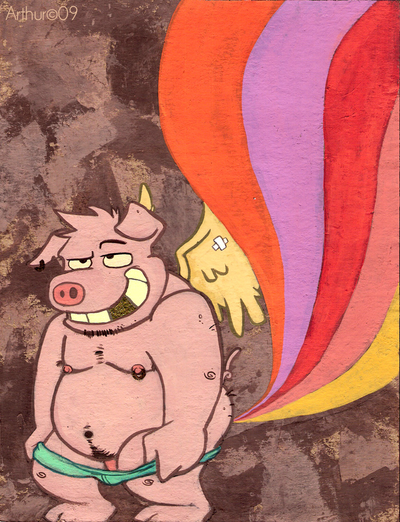 anthro bandage barefoot body_hair briefs briefs_only brown_background clothed clothing clothing_pull detailed_background ear_piercing eyebrows feet genitals green_briefs green_clothing green_underwear male missing_tooth nipple_piercing nipples overweight overweight_male penis piercing pink_body pink_nose pink_penis pink_skin rainbow_colors raised_eyebrow simple_background smile solo teeth topless underwear underwear_only underwear_pull wings yellow_sclera yellow_teeth rthur domestic_pig mammal suid suina sus_(pig)