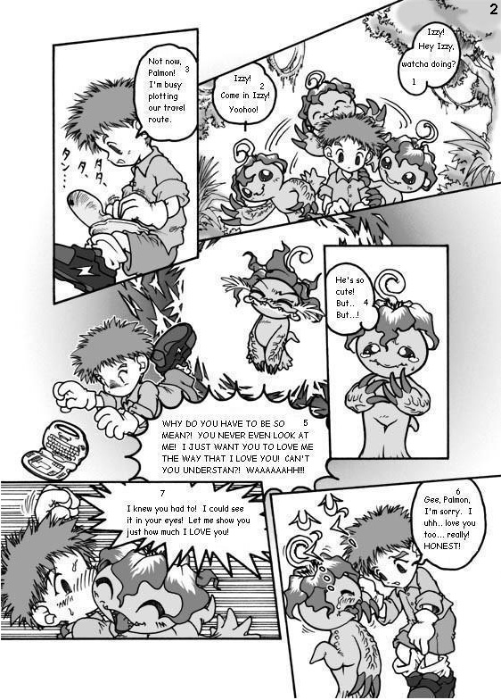 dialogue female group male plant playful simple_background tail text white_background tyoju_giga bandai_namco digimon izzy_izumi digimon_(species) elemental_creature flora_fauna human mammal palmon comic english_text greyscale monochrome