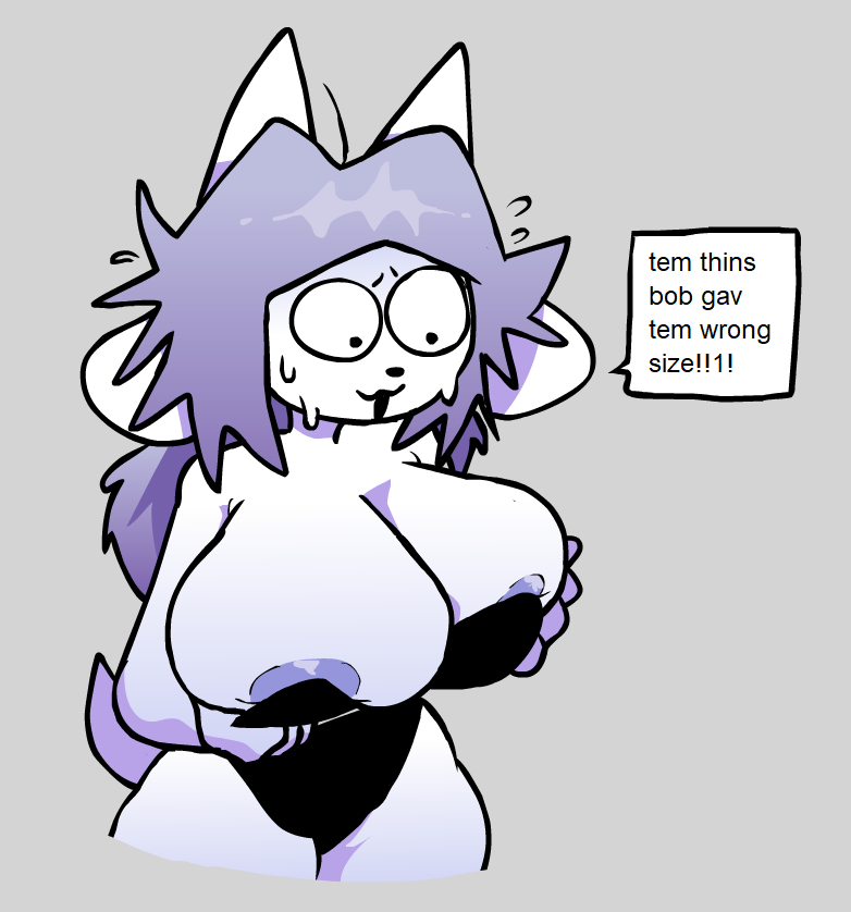 anthro areola areola_slip big_breasts bodily_fluids breasts cleavage clothed clothing describing_fit female holding_breast huge_breasts panicking solo speech_bubble sweat sweatdrop text thick_thighs undersized_topwear loudnormal4 undertale undertale_(series) temmie_(undertale) tem 2023 digital_drawing_(artwork) digital_media_(artwork) english_text