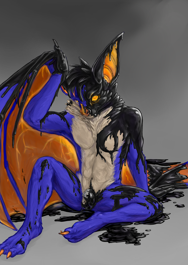 anthro balls bat_wings belly blue_body blue_fur chastity_cage chastity_device claws fauxhawk fur genitals glowing glowing_eyes glowing_veins goo_suit goo_transformation latex liquid_latex male membrane_(anatomy) membranous_wings nub_chastity_cage orange_claws orange_eyes plantigrade solo toe_claws transformation white_belly wings vidnix_(artist) ferris_brubat bat mammal