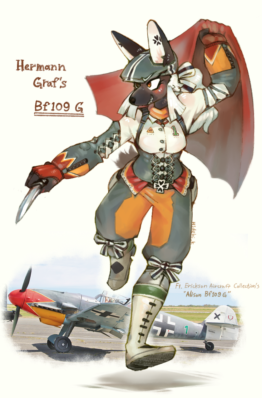 aircraft anthro bf_109 bf_109_g bf_109_g-10 black_body black_fur breasts brown_body brown_eyes brown_fur clothed clothing female fur hair hat headgear headwear holding_object knife real running smile solo text vehicle white_hair hideki_kaneda messerschmitt bf_109_(hideki_kaneda) canid canine canis domestic_dog mammal 2018 english_text hi_res