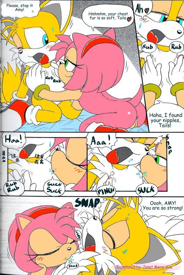 anthro blush breasts butt dialogue duo female genitals hair kissing licking male male/female nipples nude open_mouth pink_body pussy raised_tail tail text tongue tongue_out karate_akabon sega sonic_the_hedgehog_(series) amy_rose miles_prower canid canine eulipotyphlan fox hedgehog mammal comic english_text