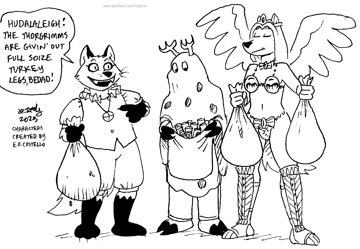 clothed clothing dialogue eyes_closed feathered_wings feathers female group holidays jewelry male midriff navel necklace tail text trio whiskers wings tegerio halloween estvan_silverbrush wolf_queen_(eocostello) canid canine canis deer fox grey_fox mammal urocyon wolf 2023 black_and_white english_text monochrome