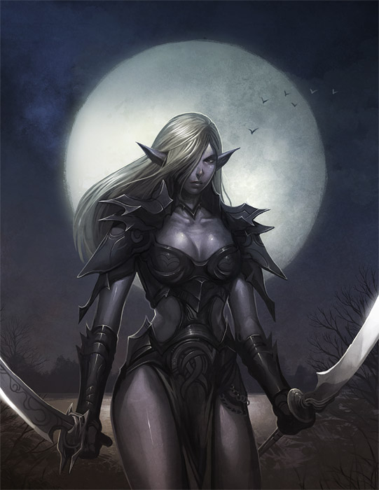 armor dual_wielding female hair holding_melee_weapon holding_object holding_sword holding_weapon looking_at_viewer melee_weapon not_furry solo standing sword thick_thighs unconvincing_armor weapon white_hair unknown_artist lineage_(series) dark_elf_(lineage) dark_elf drow elf humanoid