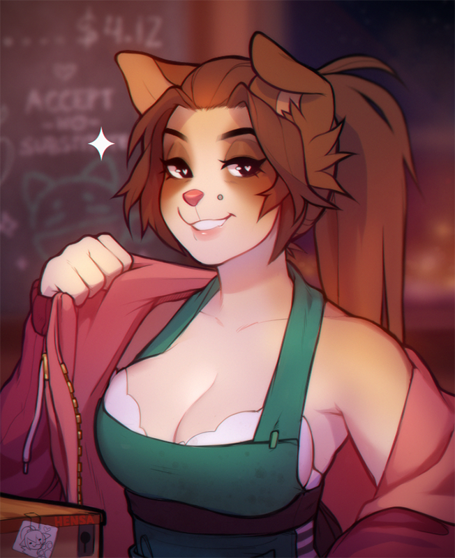 5_fingers anthro barista big_breasts breasts brown_hair cafe cleavage clothed clothing coffee_shop facial_piercing female fingers hair half-closed_eyes heart_eyes heart_symbol long_hair looking_at_viewer narrowed_eyes piercing ponytail smile solo sparkles waitress_(artist) lexie canid canine canis domestic_dog mammal 2019 digital_media_(artwork) shaded