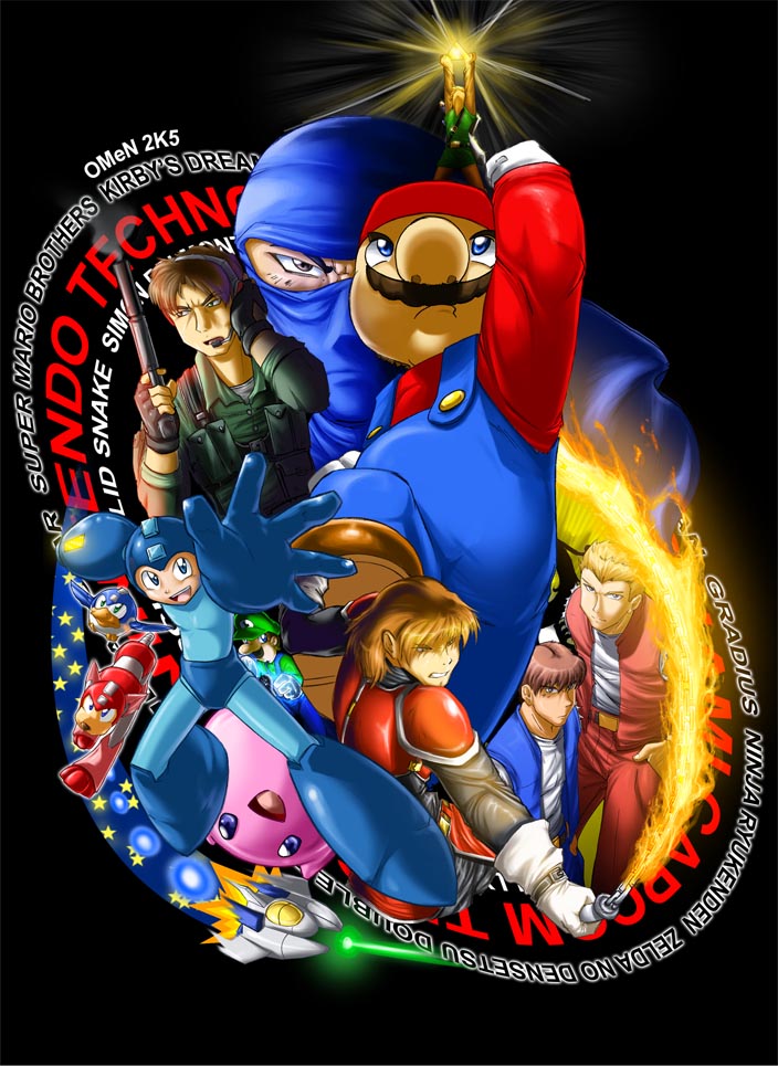 black_background blonde_hair blue_eyes brown_eyes brown_hair clothing fire group gun hair handgun hat headgear headwear machine male overalls pistol ranged_weapon simple_background spacecraft star text vehicle weapon 0r0ch1 arc_system_works capcom castlevania double_dragon gradius kirby_(series) konami mario_bros mega_man_(series) metal_gear ninja_gaiden nintendo tecmo the_legend_of_zelda beat_(megaman) billy_lee jimmy_lee kirby link luigi mario mega_man_(character) rush_(mega_man) ryu_hayabusa simon_belmont solid_snake vic_viper alien avian bird canid canine canis domestic_dog human mammal robot heroes_(disambiguation) 2005 crossover english_text brother_(lore) brothers_(lore) sibling_(lore) twins_(lore)