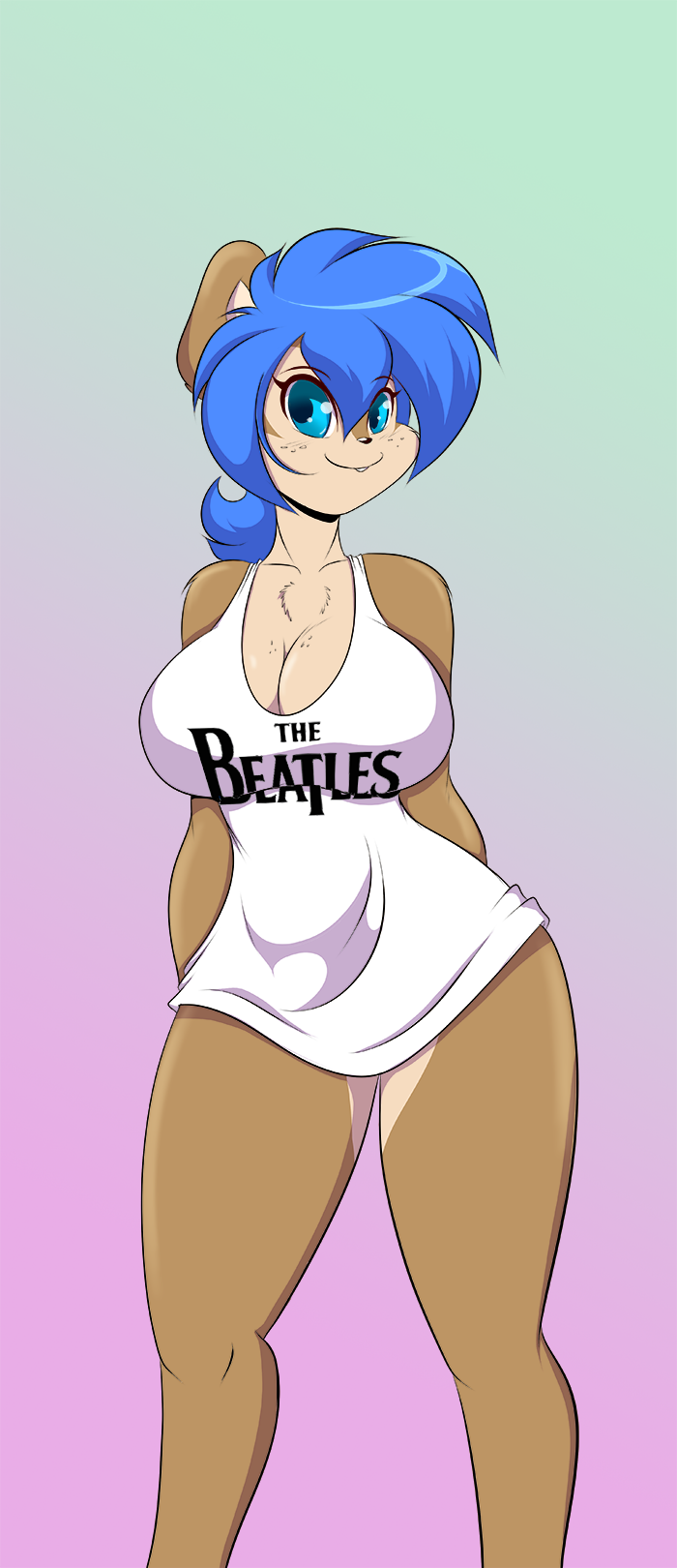 anthro big_breasts blue_eyes blue_hair bottomless breasts brown_body brown_fur chest_tuft cleavage clothed clothing female freckles fur hair huge_breasts looking_at_viewer multicolored_body multicolored_fur shirt smile solo thick_thighs topwear tuft two_tone_body two_tone_fur wide_hips mastergodai rally_ryder chipmunk ground_squirrel mammal rodent sciurid hi_res