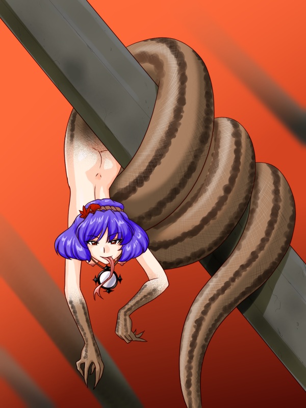 apode breasts butt female hair jewelry legless mirror monster_girl_(genre) necklace purple_hair serpentine slim smile solo split_form supon touhou kanako_yasaka draconcopode humanoid lamia reptile scalie snake 3:4