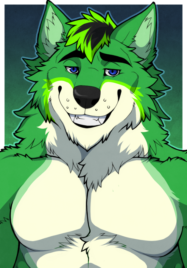 anthro biceps blue_eyes fur green_body green_fur green_hair hair male multicolored_body multicolored_fur muscular muscular_anthro muscular_male pecs smile solo teeth tuft white_body white_fur aluminemsiren zavryn canid canine canis mammal wolf half-length_portrait portrait