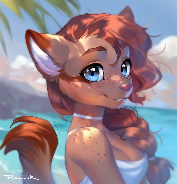 anthro blue_eyes blurred_background braided_hair breasts cleavage clothed clothing cloud eyebrows female freckles fur hair long_hair looking_at_viewer orange_body orange_fur orange_hair outside sky solo topwear popodunk felid mammal 2021 bust_portrait digital_media_(artwork) portrait