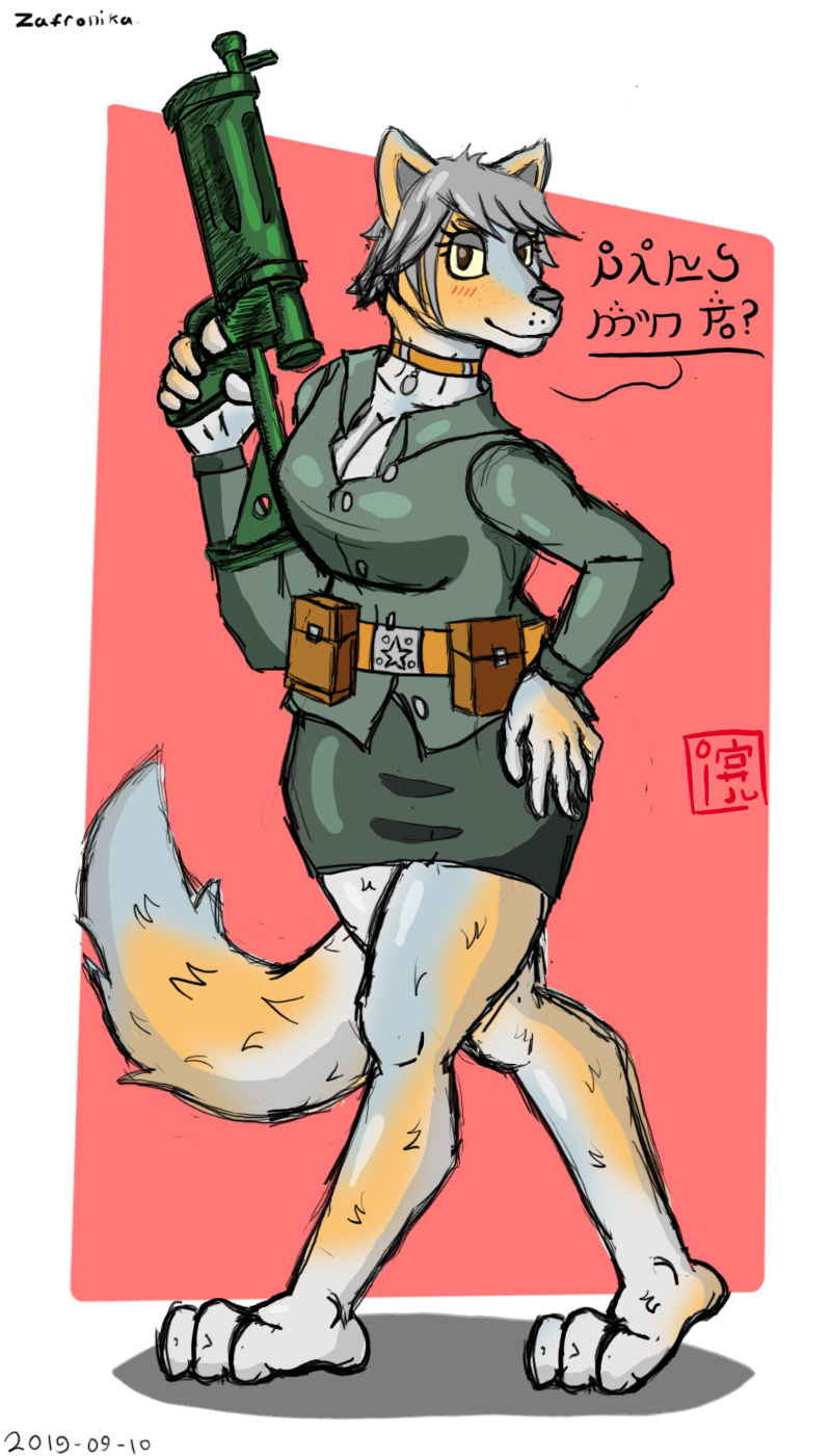 anthro breasts clothed clothing female fully_clothed fur gun hair island military ranged_weapon simple_background soldier solo standing uniform warrior weapon alvidz zafronika canid canine fox mammal 2019 4:7 digital_media_(artwork) hi_res