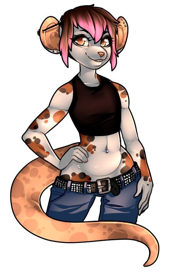 anthro clothed clothing ear_piercing female flat_chested industrial_piercing looking_at_viewer low-riding low_pants navel navel_piercing piercing simple_background solo infected-ellis mammal mouse murid murine rodent