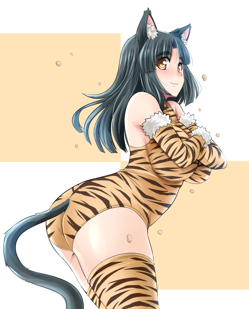 animal_print armwear big_breasts breasts clothing crossed_arms female furgonomics green_hair hair legwear leotard solo thigh_highs tiger_print tonpuu setsubun animal_humanoid cat_humanoid felid felid_humanoid feline feline_humanoid humanoid mammal mammal_humanoid 2022