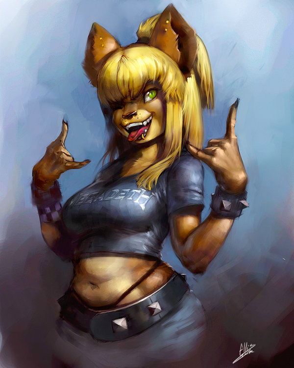 anthro belt blonde_hair breasts clothing devil_horns_(gesture) double_devil_horns_(gesture) facial_piercing female front_view gesture green_eyes hair hand_gesture lip_piercing metal midriff navel one_eye_closed piercing shirt solo teeth text text_on_clothing text_on_shirt text_on_topwear tongue tongue_out topwear wink wristband blindrat heavy_metal megadeth thrash_metal lucy_lahm canid canine canis domestic_dog mammal 4:5 digital_media_(artwork) digital_painting_(artwork) half-length_portrait portrait signature