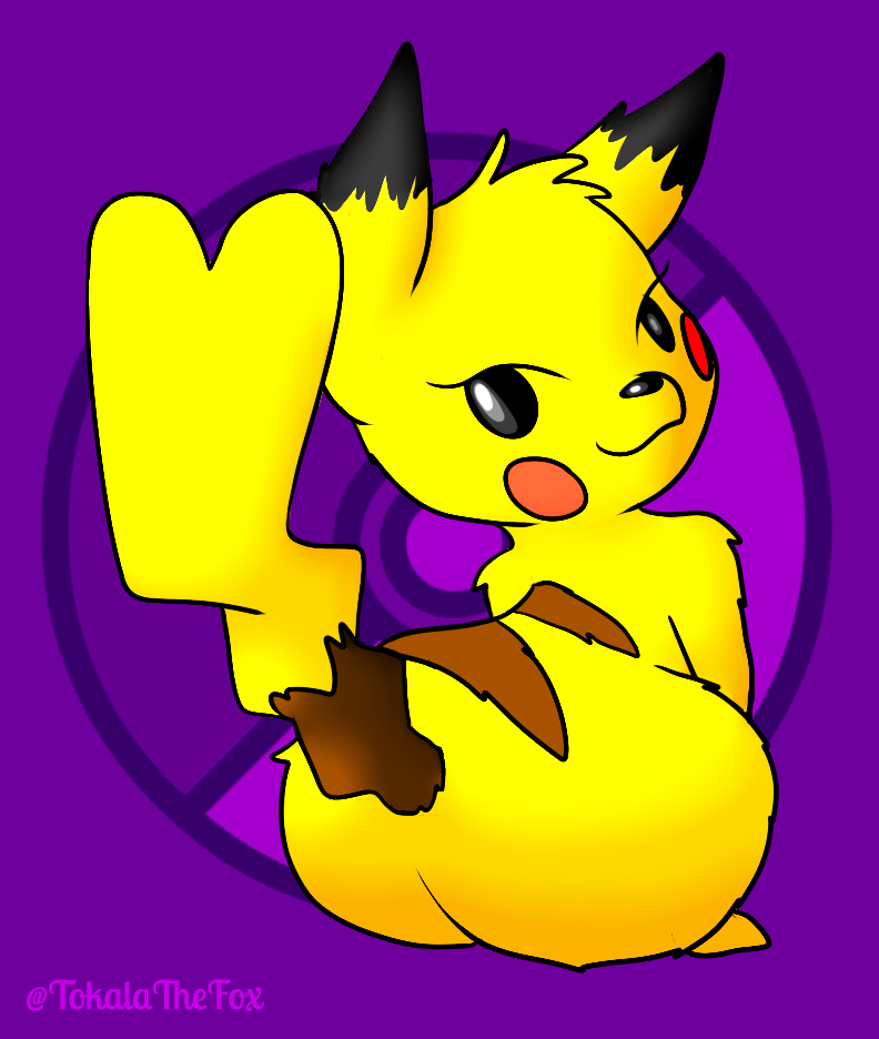 anthro big_butt black_body black_fur brown_body brown_fur butt cleft_tail female fur nude pattern_background rear_view red_cheeks sexual_dimorphism simple_background solo tail yellow_body yellow_fur tokalathefox nintendo pokemon generation_1_pokemon pikachu pokemon_(species)