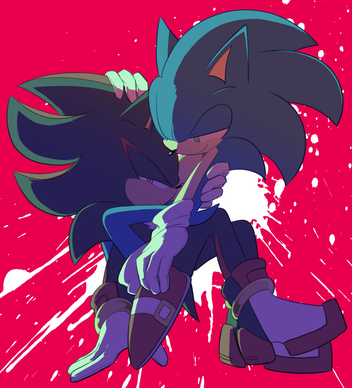 anthro black_body black_fur blue_body blue_fur clothing duo footwear fur gloves green_eyes hand_on_head handwear looking_at_another male male/male on_lap pink_background red_body red_eyes red_fur shoes simple_background smile sikai sega sonic_the_hedgehog_(series) shadow_the_hedgehog sonic_the_hedgehog eulipotyphlan hedgehog mammal