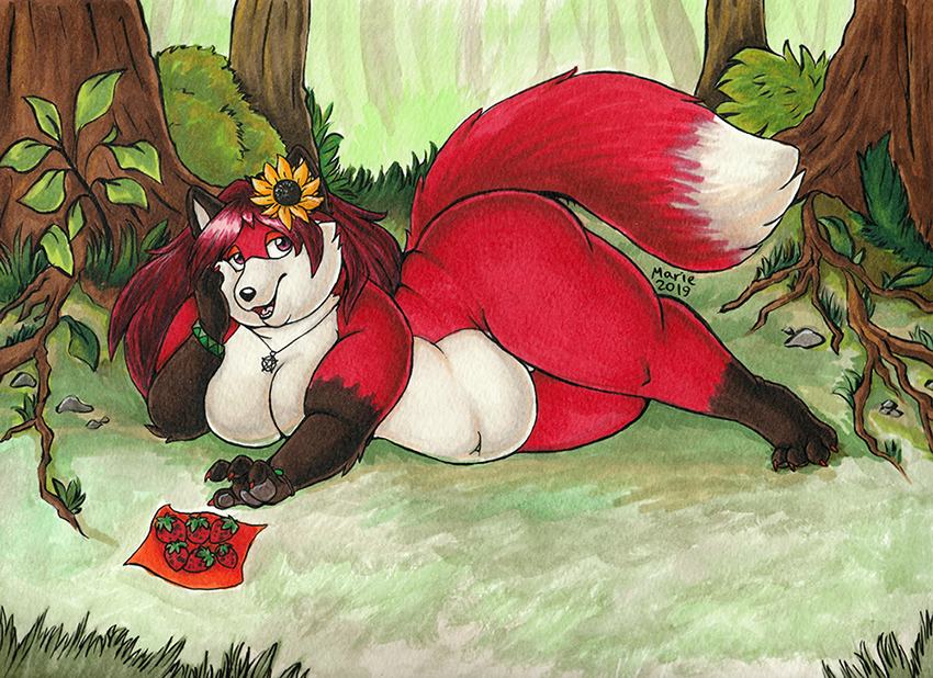 anthro female flower food fruit grass plant shrub solo strawberry sunflower tree bigladydragon canid canine fox mammal