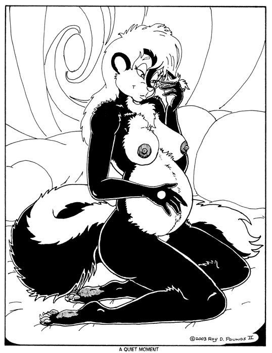 anthro border breasts feet female fur hair hand_on_belly navel nipples nude pawpads pillow pregnant pregnant_anthro pregnant_female soles solo text toes white_border steamfox mammal mephitid skunk 2003 dated english_text greyscale monochrome