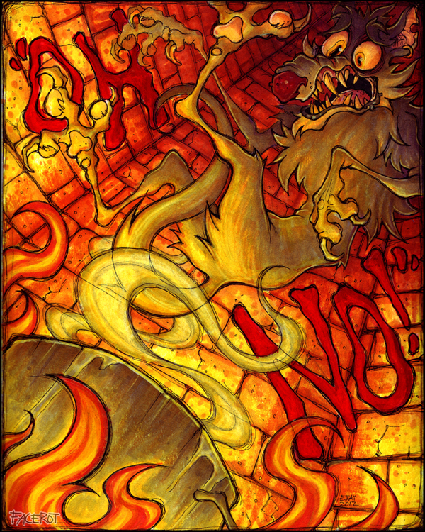 anthro fire male peril solo facerot fairy_tales the_three_little_pigs big_bad_wolf canid canine canis mammal wolf 2012 4:5 traditional_media_(artwork) warm_colors