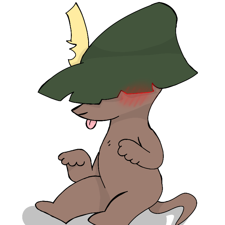 ambiguous_gender anthro blush brown_body brown_fur clothing feather_ornament fur hat hat_feather hat_only hat_ornament headgear headgear_only headwear headwear_only loose_feather mostly_nude sitting solo ramen_mao the_moomins sniff_(moomin) kangaroo macropod mammal marsupial 1:1