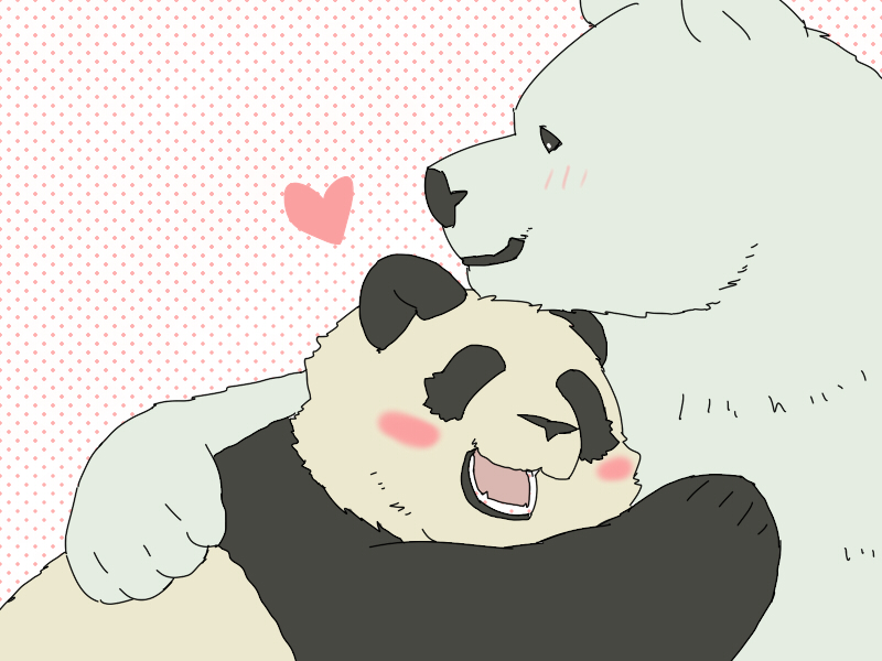 blush duo fur heart_symbol hug humanoid_hands male male/male slightly_chubby white_body white_fur kumao mohumohuotou okatana privateotou shirokuma_cafe panda-kun shirokuma bear giant_panda mammal polar_bear ursine 4:3