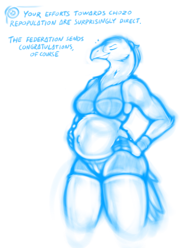 after_transformation anthro armband artificial_intelligence beak bottomwear bra breasts clothing eyes_closed feather_hair feathers female hand_on_belly hand_on_hip pregnant pregnant_anthro pregnant_female pseudo_hair scrunchie shorts solo sports_bra tail tail_feathers text underwear nexivian metroid nintendo adam_malkovich samus_aran alien avian chozo blue_and_white english_text monochrome