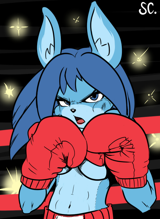 blue_eyes boxing_gloves clothing female handwear looking_at_viewer muscular muscular_female navel solo saltcore lagomorph leporid mammal rabbit 2011